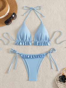 Swim Mod Swim Suits For Women Women's Summer Beach Solid Color Ruffle Trim Halter Neck Tie Two Pieces Bikini Set - Blue - View 2