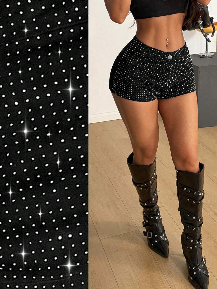 SHEIN PETITE Spring To Summer Women's Rhinestone Embellished Skinny Fashionable Versatile Denim Shorts - Black - View 1