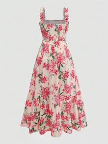 Ceyna Robe longue à volants avec imprimé floral, bretelles spaghetti et buste réglable pour femmes grandes tailles - Multicolore - Voir 2