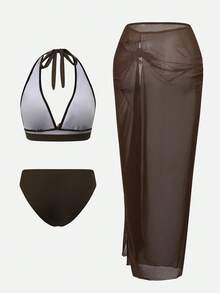 Swim Oasis 26SS 女士春夏沙滩套装，三件套，优雅社交名媛复古波西米亚风，精致海星金属装饰扣，吊带背心式泳衣和裹身裙，高级套装棕色泳装，女士端庄两件套泳衣，棕色两件套女士沙滩裙套装，棕色泳装大码 - 棕色 - 查看 2