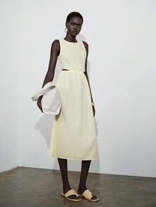 Lumivelle 女士优雅无袖圆领中长款亚麻质感连衣裙，夏季 - 黃色 - 查看 7