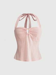 ROMWE Avant Cute, Sweet & Casual Halter Neck Camisole Top For Women - Pink - View 1