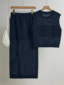 Franclia Women's Summer Vacation Casual Hollow-Out Knit Vest & Skirt 2 Pieces Set Vest And Skirt Set Summer Two Piece Set Two Piece Set Women Mesh Two Piece Set Ribbed Two Piece Set - Royal Blue - View 2