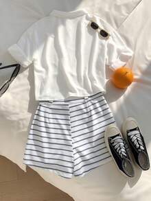 Resyla New Casual Fashion Lapel Hem Striped Shorts 2 Pieces Set For Women - White - View 2