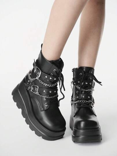 ROMWE Grunge Punk 女士舒适加大码圆头厚底黑色哥特朋克风铆钉孔眼五角星扣系带短靴