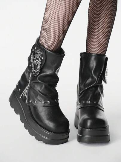 ROMWE Grunge Punk Women's Comfortable Plus Size Round Toe Thick Sole Black Gothic Punk Style Rivet Eyelet Skull Chain Buckle Lace-Up Short Boots