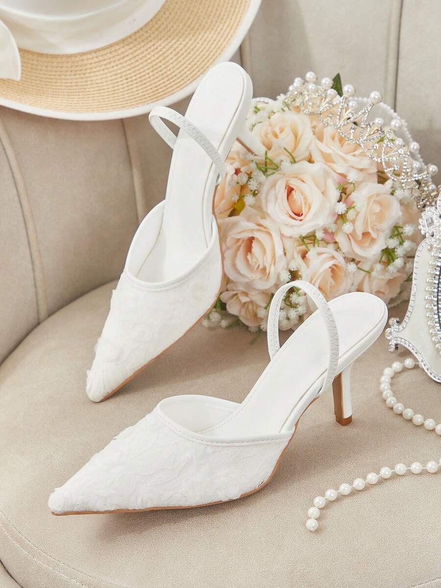 CUCCOO HITCHD 新款夏季女士尖头花卉刺绣蕾丝中跟优雅浪漫网纱蕾丝套脚高跟鞋，适合正式场合、婚礼、派对、下午茶、约会之夜等场合。 - 白色 - 查看 1