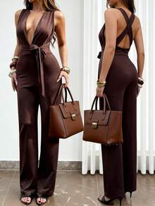 Rafferiza Women's Coffee Brown Summer Jumpsuits,Seksi Chic Halter Neck Cross Back Slim Fit Knitted Long Party Jumpsuits,French Retro Elegant Night Out Outfits - Coffee Brown - View 1