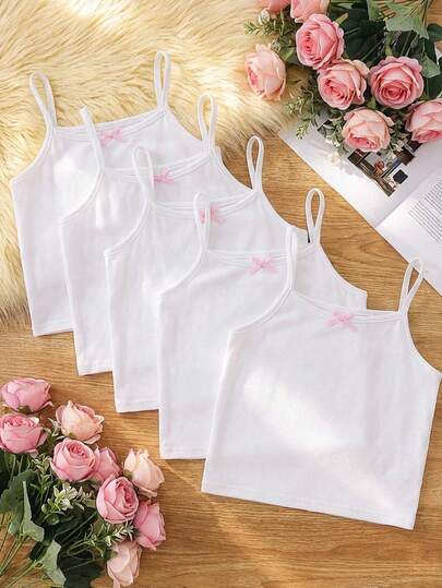 SHEIN 5pcs/Pack Girls' White Milk Silk Fabric Simple Spaghetti Strap Camisole With Bow, Casual Comfortable Knit Undershirt For Outerwear Girls Underwear Vest White