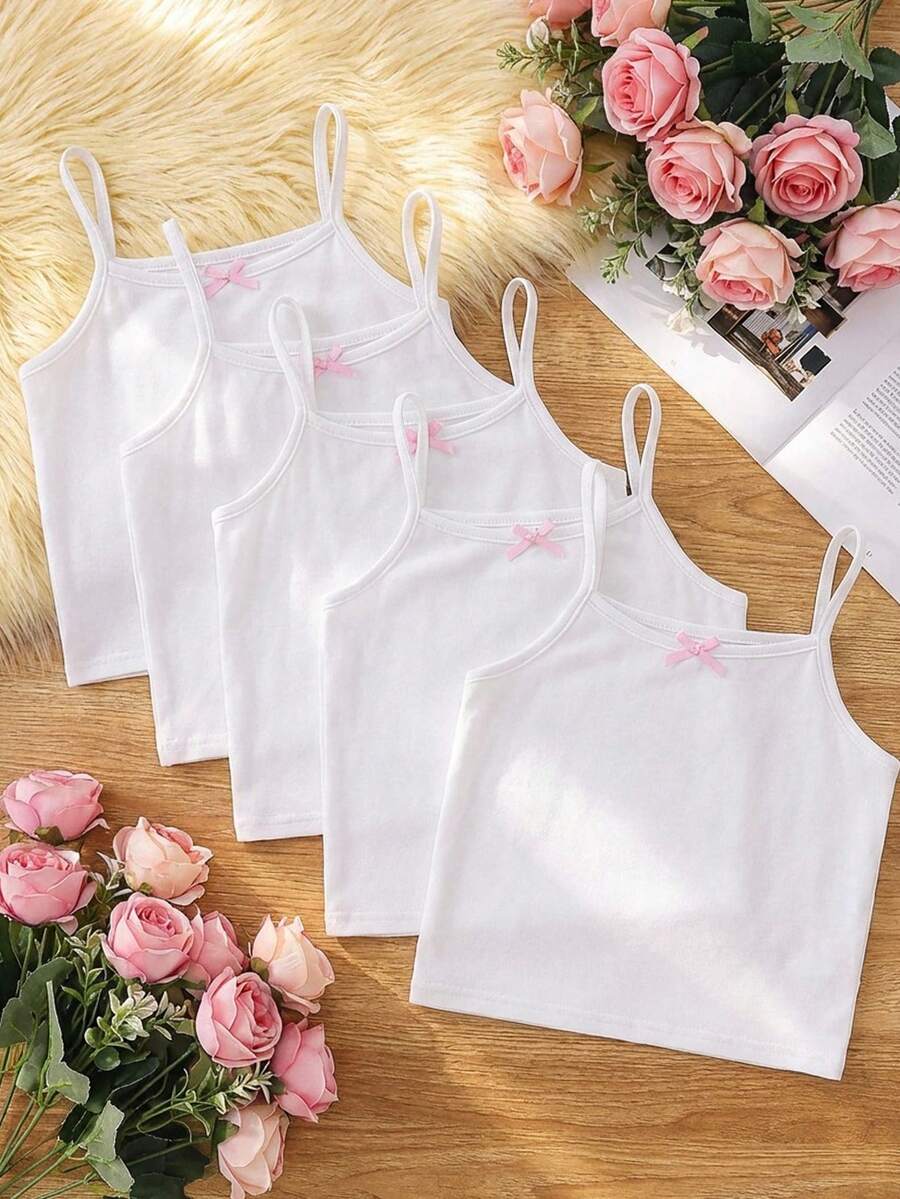 SHEIN 5件/包 女童白色牛奶丝面料简约吊带蝴蝶结吊带背心,休闲舒适针织打底衫,可作外套穿着 - 白色 - 查看 1