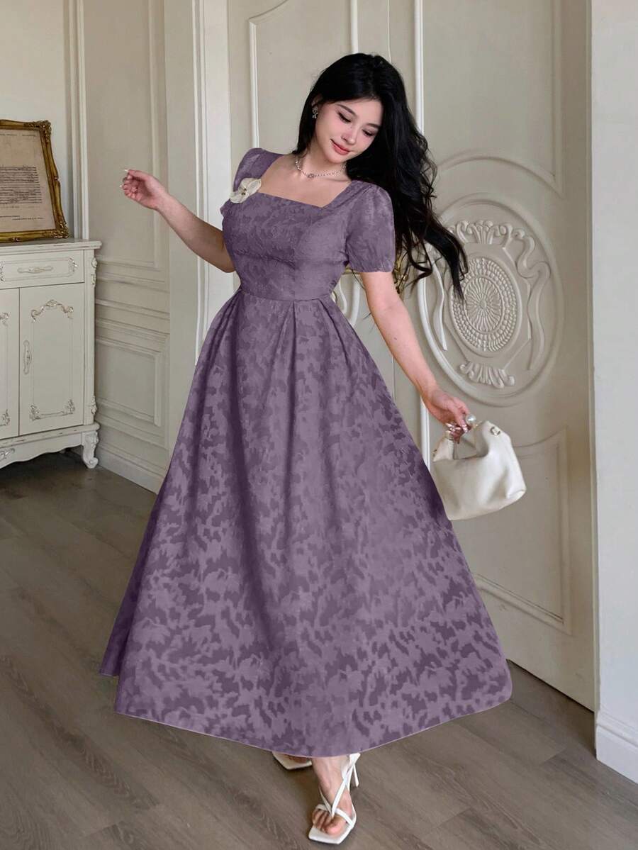 Modelyn Cut-Out Waist Flared Dress With 3D Floral Decor For Women - Purple - View 1