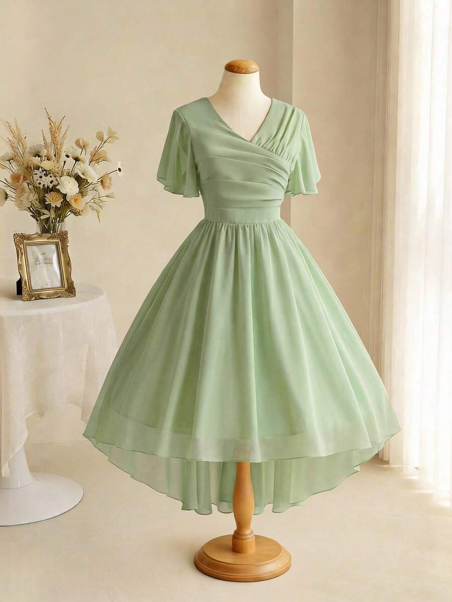 Robe courte à volants minimaliste de couleur unie élégante pour adolescente, robe d'été verte, robe vert clair pour adolescente, robe vintage pour thé dansant pour filles, robe de printemps élégante pour femmes - Vert - Voir 1