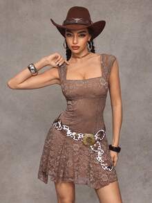 SHEIN Jeanoir Women's Summer Contrast Lace Square Collar Waist Cinched Dress - Brown - View 4