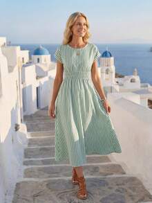 Faunlyn 女式清新条纹圆领短袖连衣裙 - 綠色 - 查看 1