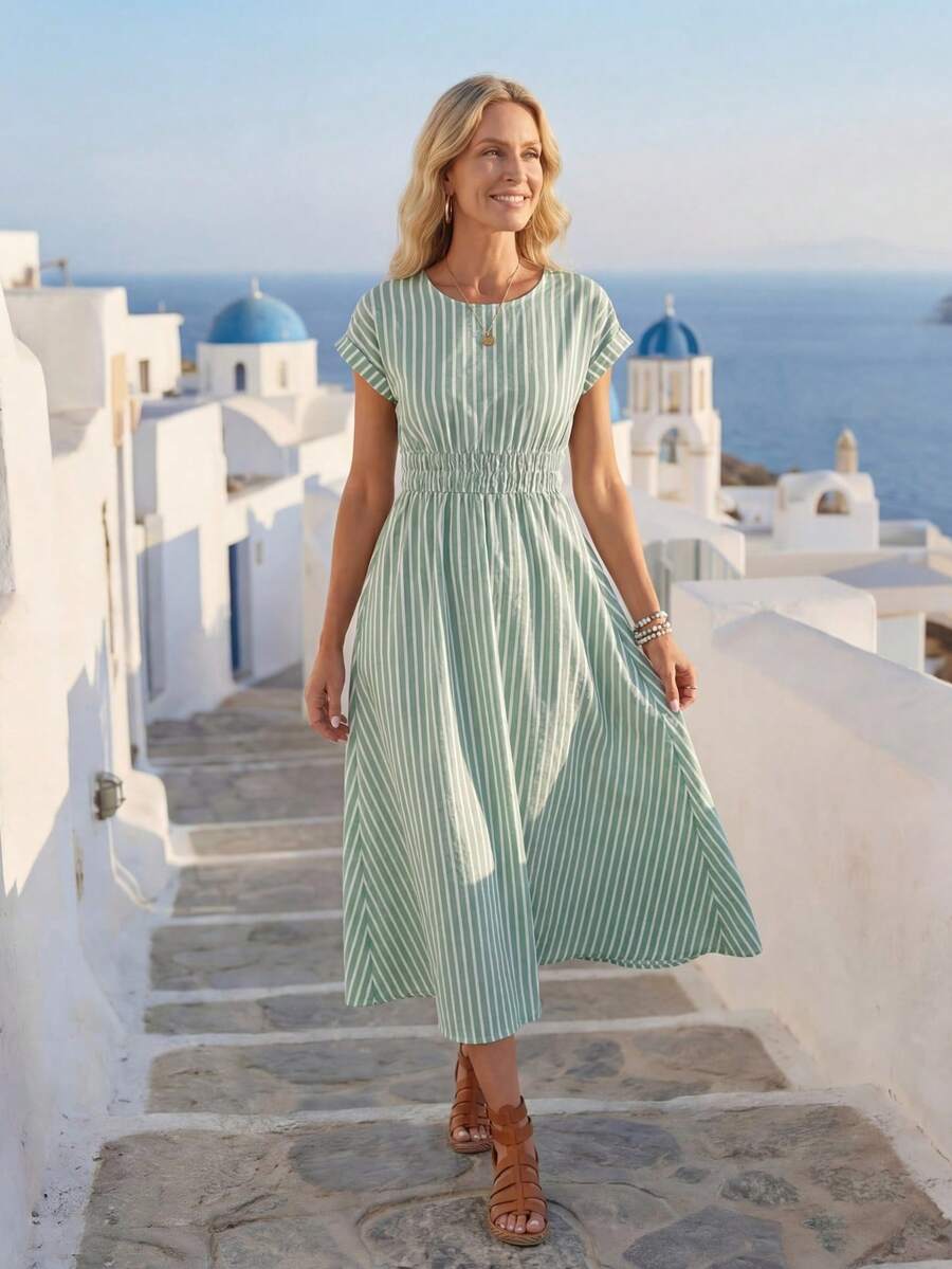 Faunlyn 女式清新条纹圆领短袖连衣裙 - 綠色 - 查看 1