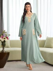 Yasmyna Women's Spring/Summer Green Woven Jacquard Long Sleeve V-Neck Crochet Lace Trim Tassel Pocket Elegant Casual Romantic Turkish Abaya & Arabic Traditional Maxi Dress - Green - View 7