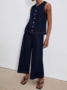 ATUI Studio Women's Sleeveless Denim Vest & Pants Set - Blue - View 4