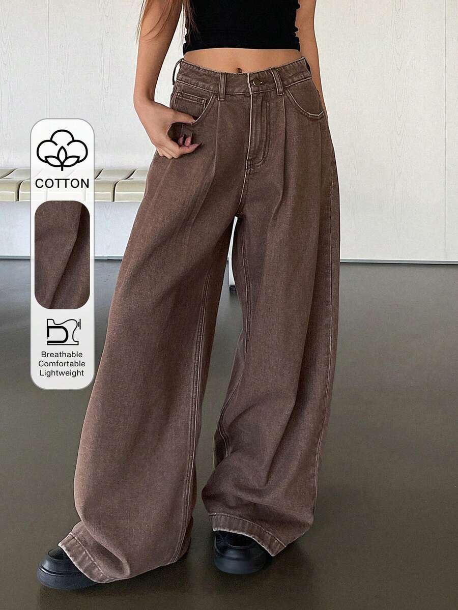 DAZY Women's Regular Waist Pleated Long Loose Casual Jeans - Brown - View 1