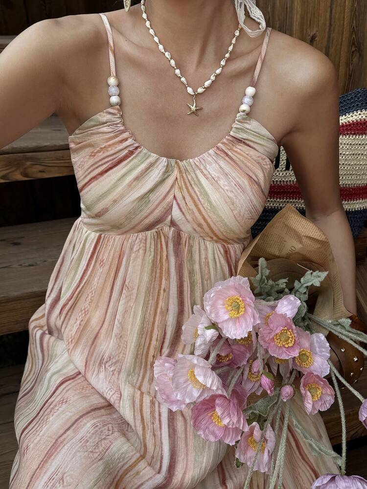 Women's Floral Print Fabric Fringe Patchwork Cinched Waist Dress Boho