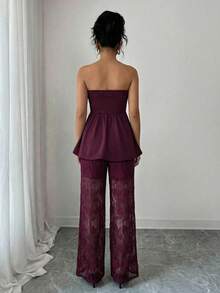 Elenzga 女士春夏蕾丝抹胸上衣和A字裙套装（两件套），优雅通勤装 - 酒紅色 - 查看 2