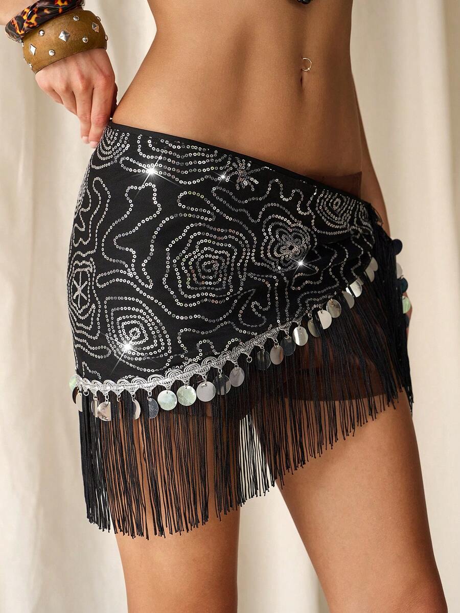 TRNVIE Sexy Retro Low-Waist Sequin Fringe Floral Pattern Asymmetric Hem Tie Waist Mini Skirt, Spring/Summer - Black - View 1