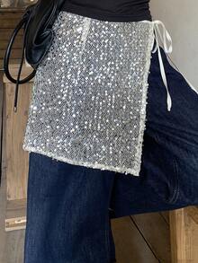 DAZY 女士亮片网纱系带裹身休闲迷你裙 - 白色 - 查看 2