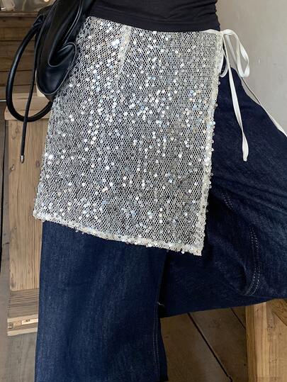 DAZY Women's Sequin Mesh Tie-Up Wrap Casual Mini Skirt