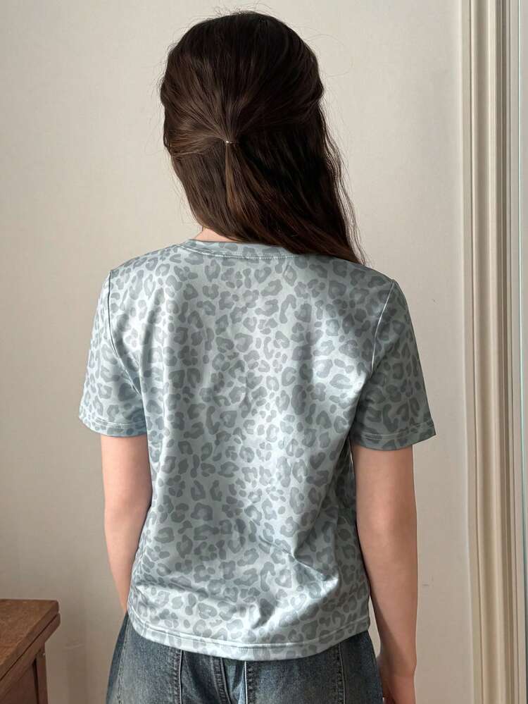 Tween Girls Leopard Print Round Neck Short Sleeve T-Shirt Summer