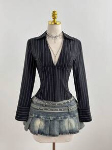 SHEIN PETITE 女士休闲/工作深V领条纹衬衫 - 黑色 - 查看 3