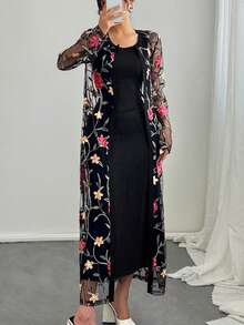 SHEIN LUNE 2 件套女士休闲蕾丝刺绣连衣裙套装 - 黑色 - 查看 5