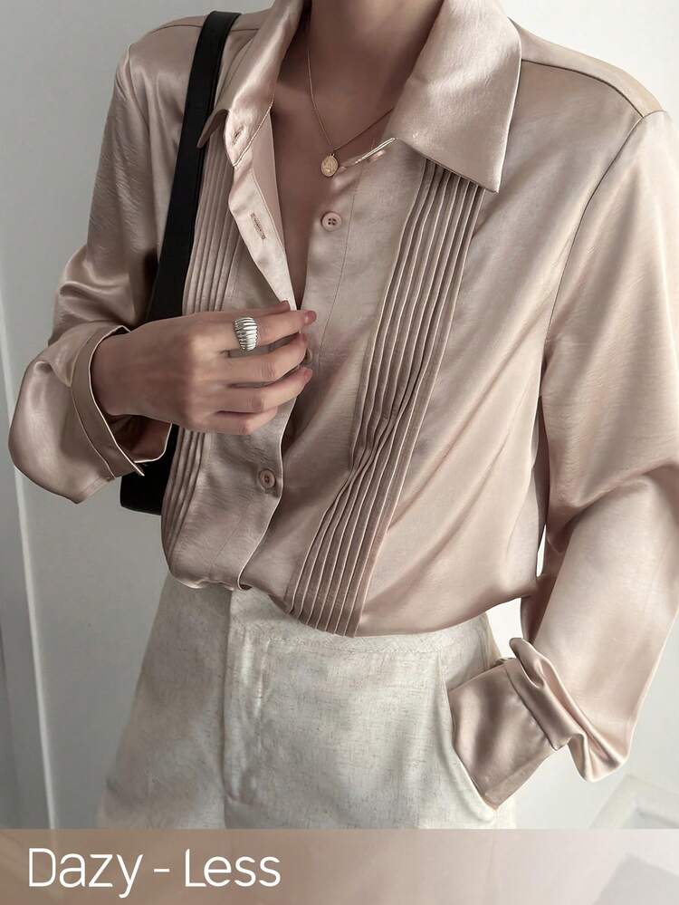 Women's Solid Color Regular-Shoulder Long Sleeve Front Button Pleated Elegant Fashion Blouse Business Casual Woman