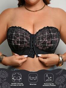 DesireSculpt Sujetador de encaje con cierre frontal inalámbrico y soporte para tallas grandes en color negro - Negro - Ver 5