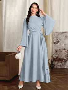 Modelyn Women Elegant Solid Color Bell Sleeve Arabic Dress, Autumn Long Evening Dresses - Blue - View 1