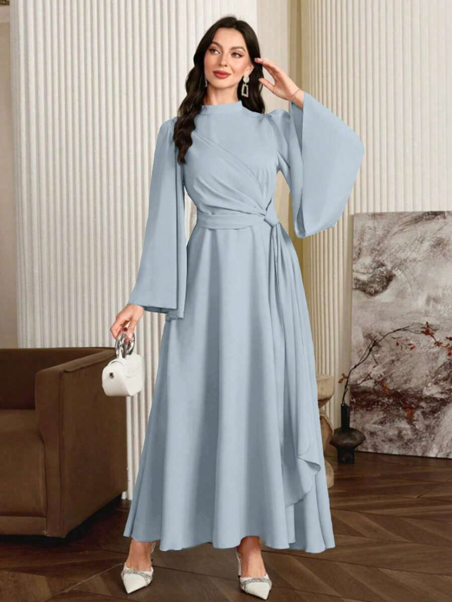 Modelyn Women Elegant Solid Color Bell Sleeve Arabic Dress, Autumn Long Evening Dresses - Blue - View 1