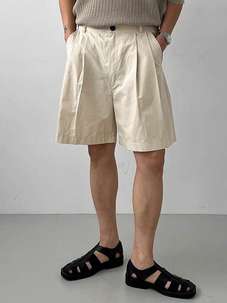 Men's Loose Solid Apricot Pleated Design Shorts, Summer