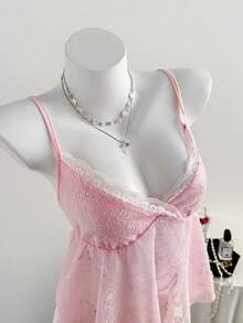 Elamini Women's Summer Vacation Contrast Lace Semi-Sheer Babydoll Cami Top - Pink - View 5