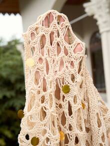 Swim Chiccia 女士性感沙滩度假不对称领口拼接亮片镂空透视雪纺罩衫，春夏款 - 杏色 - 查看 8