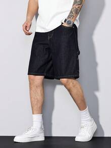 Manfinity Homme Men's Summer Navy Blue Casual Wide Leg Denim Shorts - Dark Wash - View 8
