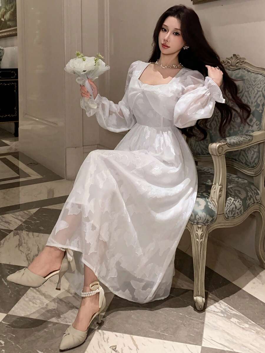 DAZY 春夏女士优雅花卉方领花瓣袖中长连衣裙 - 米色 - 查看 1