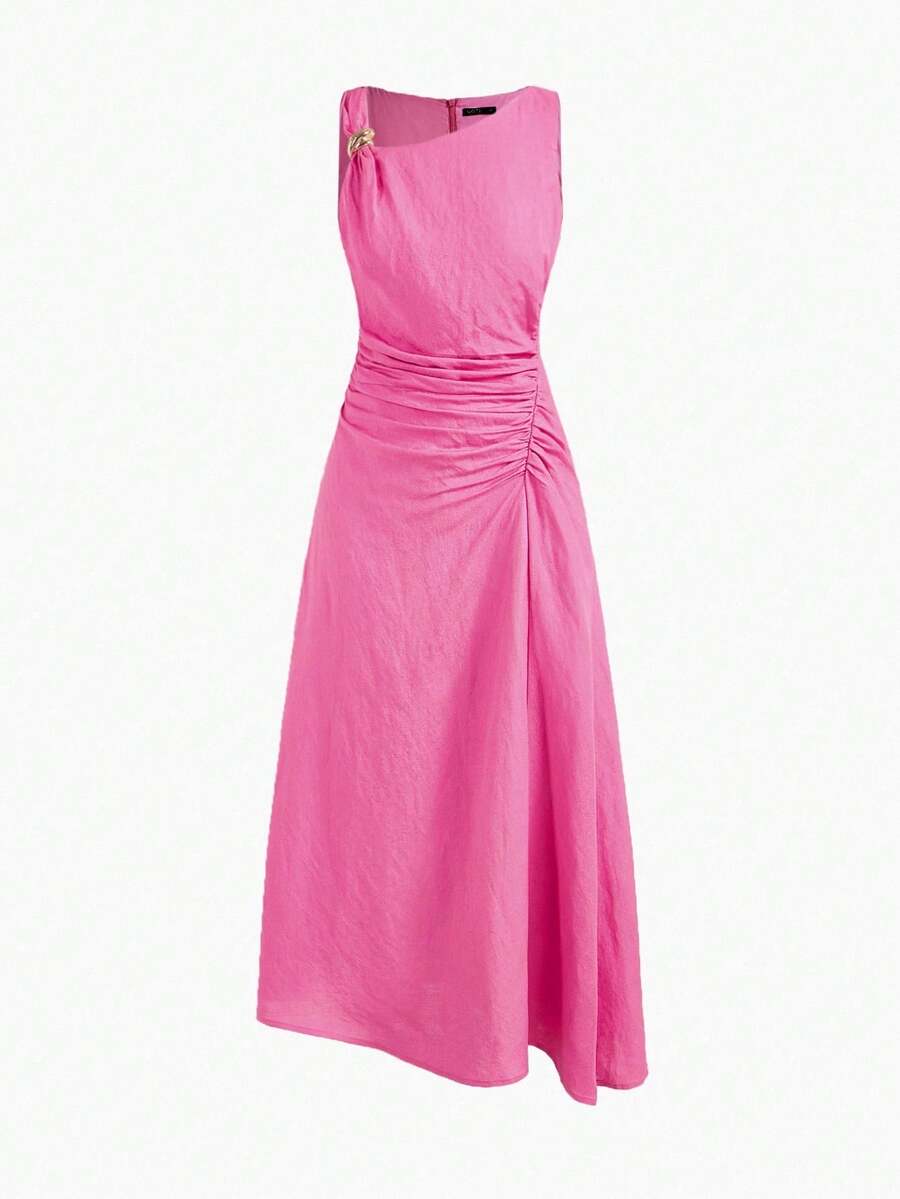 ZEYLAH 褶饰不对称领口中长连衣裙 - 玫紅色 - 查看 1