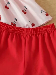 Elladie kids Bộ đồ thời trang vải mềm mại mùa hè 2026 dành cho bé gái, đồ cần thiết cho kỳ nghỉ hè 2026, gồm áo hai dây in kỹ thuật số họa tiết quả anh đào và quần short rộng màu trơn, phù hợp cho mặc hàng ngày, đi biển và đi nghỉ mát. - Hồng - Xem 6
