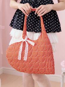 ROMWE Kawaii Plaid Love Quilted Shoulder Bag - Lattice - View 3