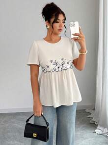 Elenzga Plus Size Women's Casual Everyday Elegant Round Neck Embroidered Splicing Blouse, Spring/Summer - Apricot - View 5