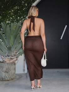 Roveilla Plus Size Elegant Side Drawstring Slit Halter Backless Dress, Summer - Brown - View 3