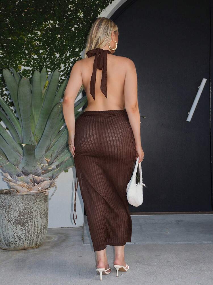 Plus Size Elegant Side Drawstring Slit Halter Backless Dress, Summer - Brown - View 3
