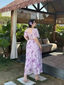 Vibekara Đầm maxi dáng chữ A tay ngắn cổ vuông chất liệu jacquard ôm eo, kiểu dáng nghỉ mát, cỡ lớn. - Màu tím - Xem 2