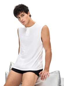 Men's REST ERA White Henley Neck Red & Black Contrast Letter Print Sleeveless Casual Top - White - View 1