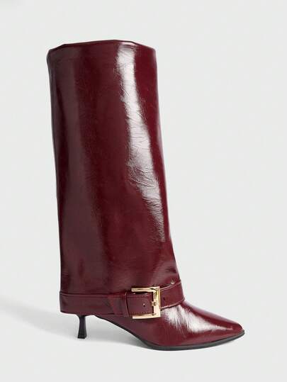 Sugerpunk Women's Elegant Commuting Burgundy Pointed Toe Knee-High Boots