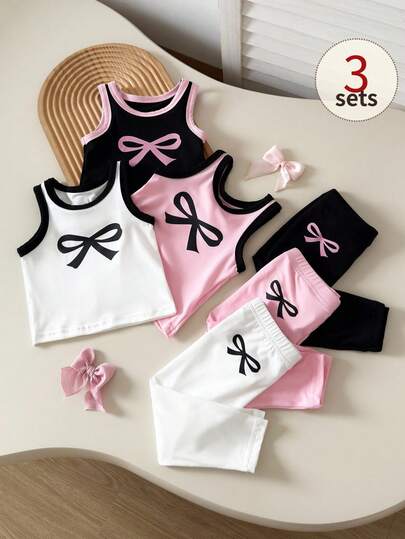 SHEIN Playful Pals Babygirl Spring Casual Outdoor Sports Ribbed Fabric Heart Print Sleeveless Tank Top And Elastic Waist Loose Comfortable Pants 2-Piece Outfit