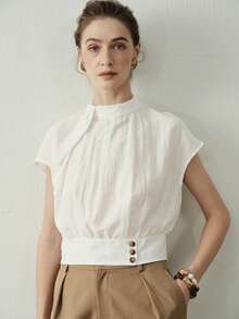 Aalyst 女士春夏休闲装，优雅时尚亚麻扭领收腰短袖衬衫，白色 - 白色 - 查看 1